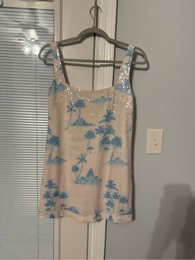 Gianni Bini Sequin Island Print Mini Dress - Blue/Cream